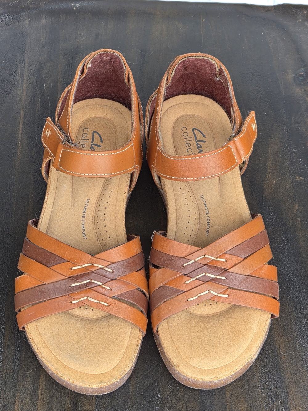 Clarks Women’s Two-Tone Tan and Brown Leather Strappy Sandals
